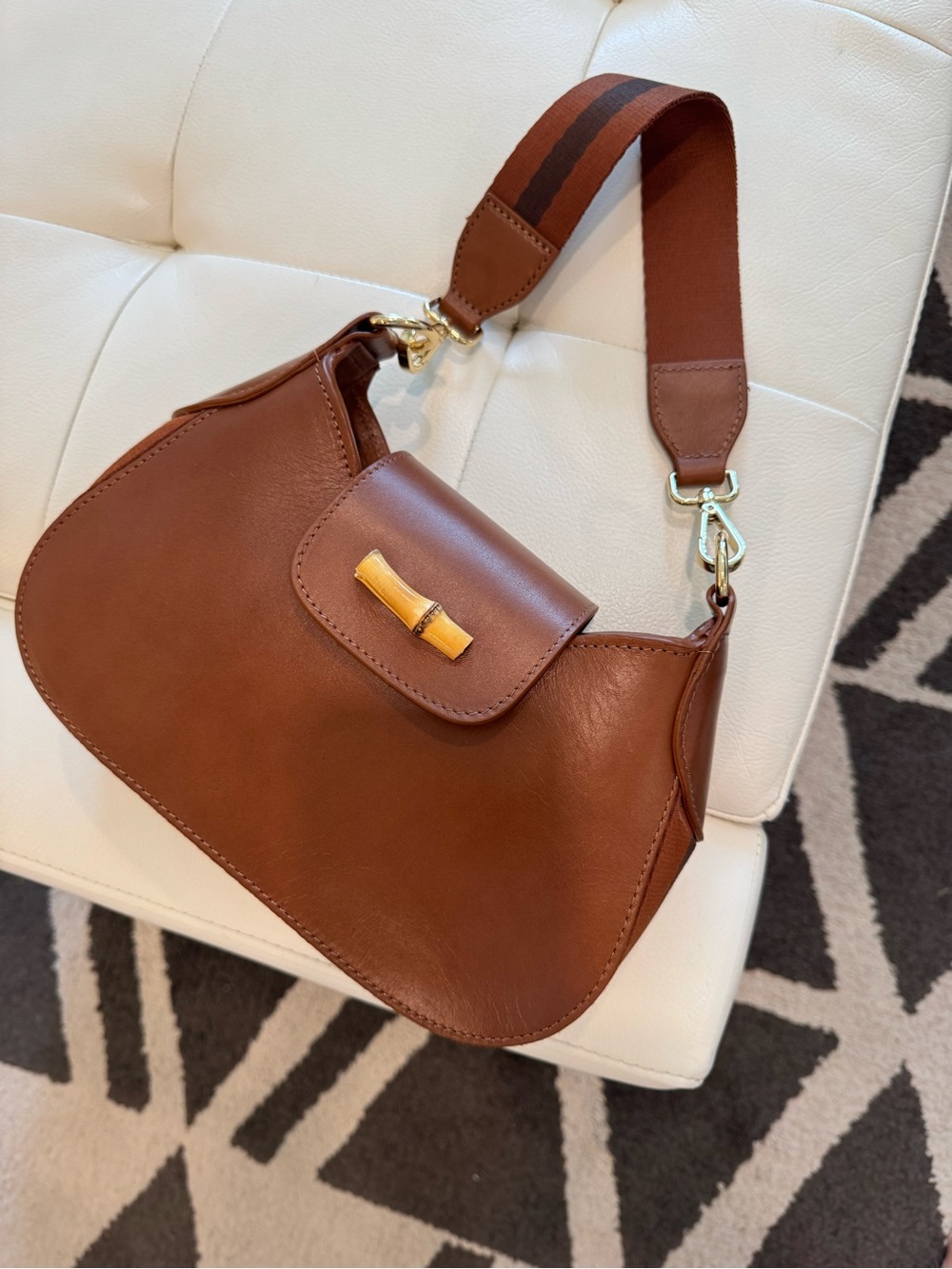 Mark & Graham Brown Leather Shoulder Bag with Bamboo Accent and Striped Strap